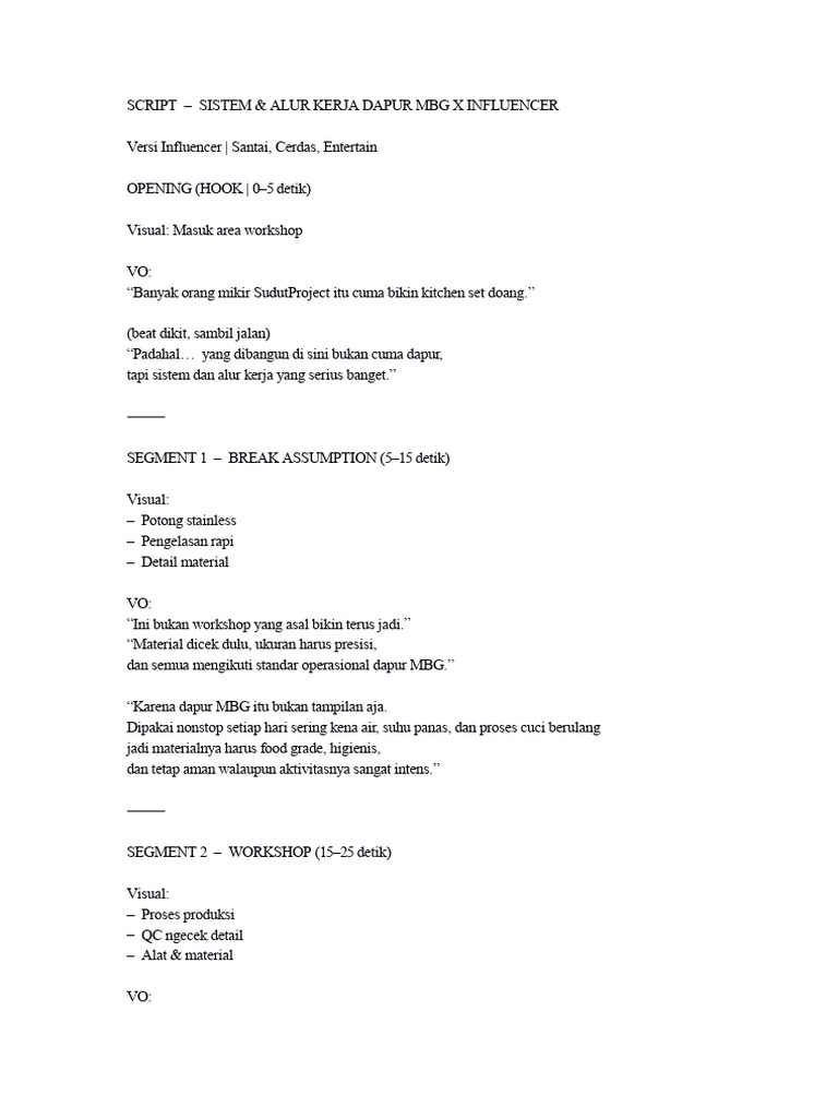 Script - Sistem Dan Standar Dapur MBG X Influencer | PDF