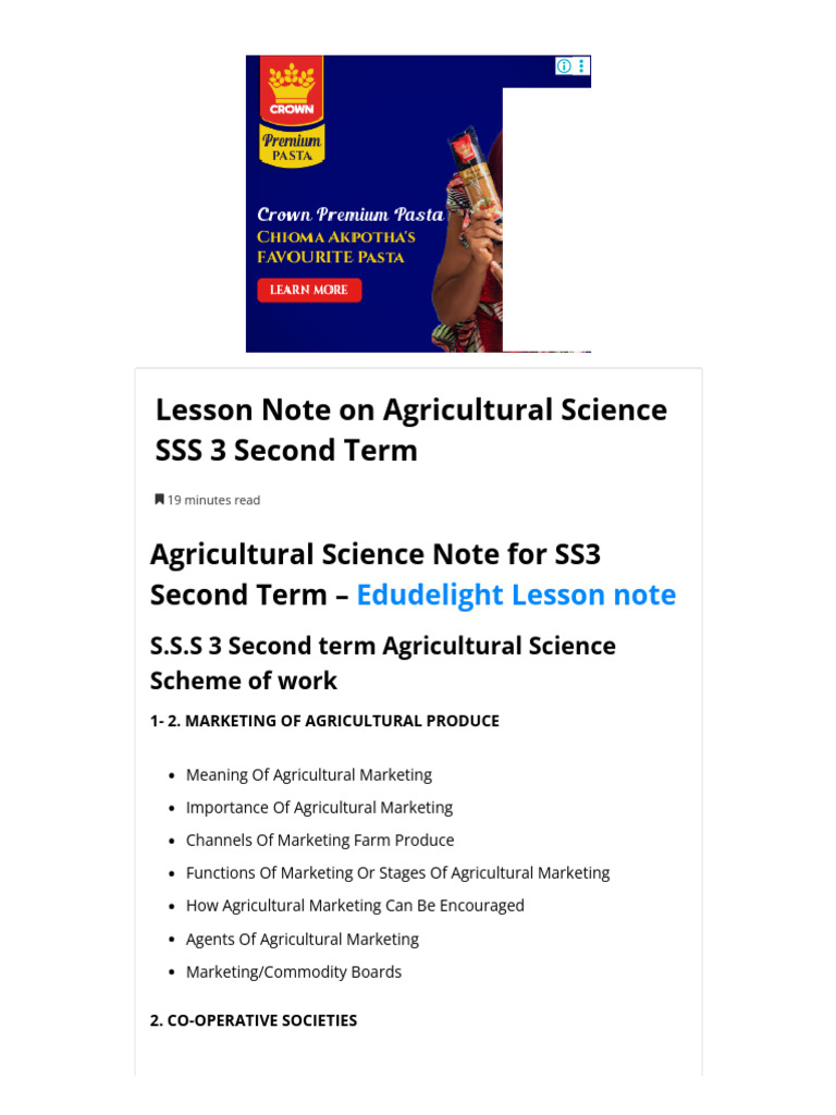 Lesson Note On Agricultural Science SSS 3 Second Term | PDF