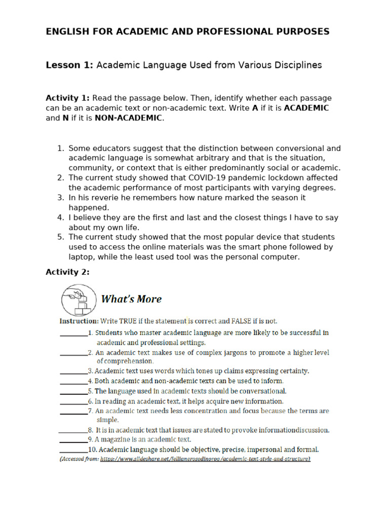 Lesson 1 and 2 Activities | PDF