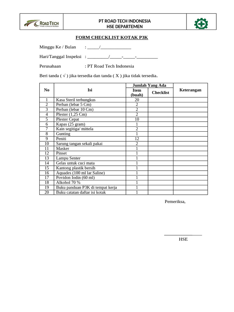 Form Checklist Kotak p3k | PDF