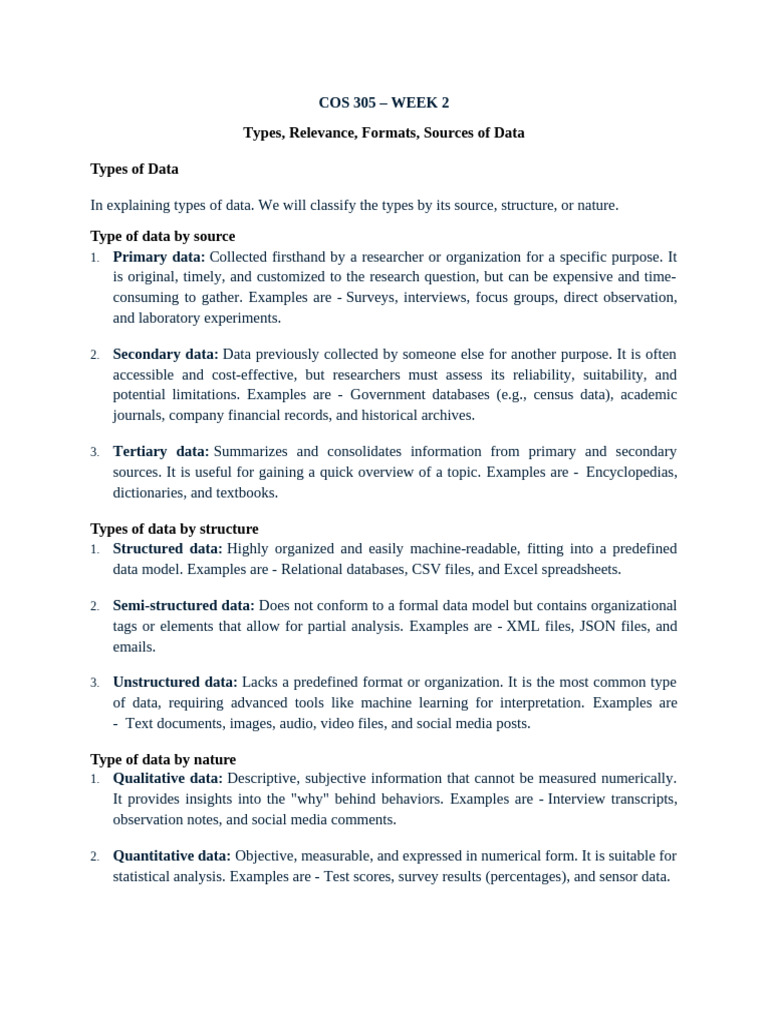 COS 305 WK 2 - Types Sources Relevance of Data | PDF | Data | Statistics