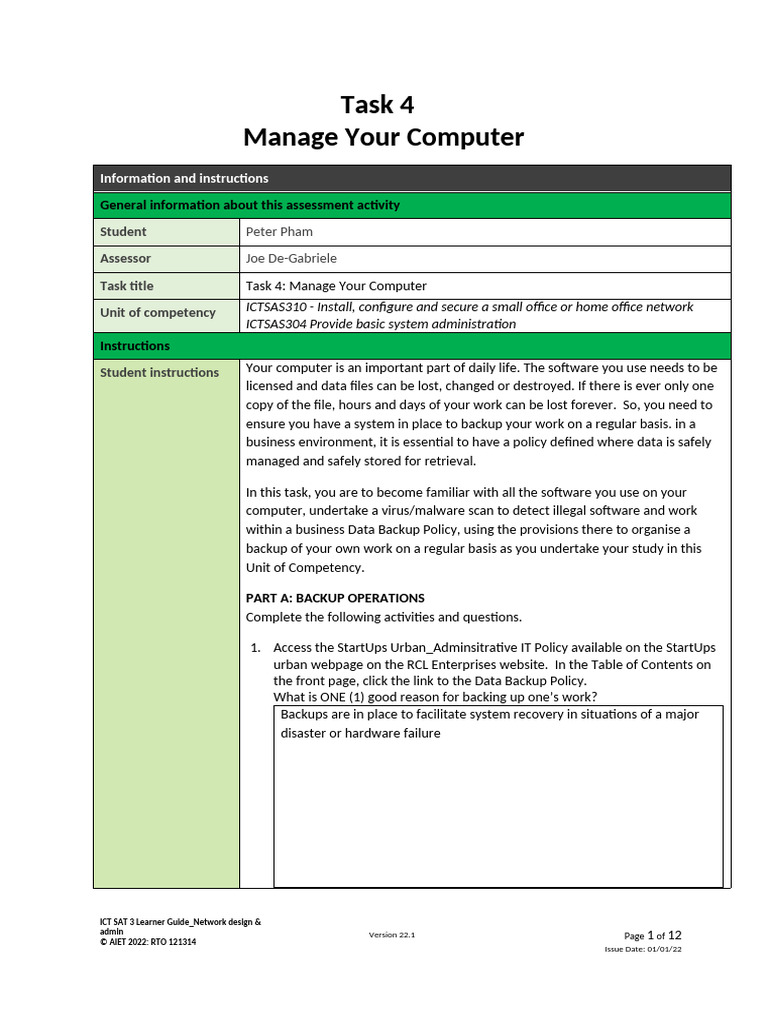 ICT30120 - SAC3 - Assessment Task 4 | PDF | Backup | Computer Virus