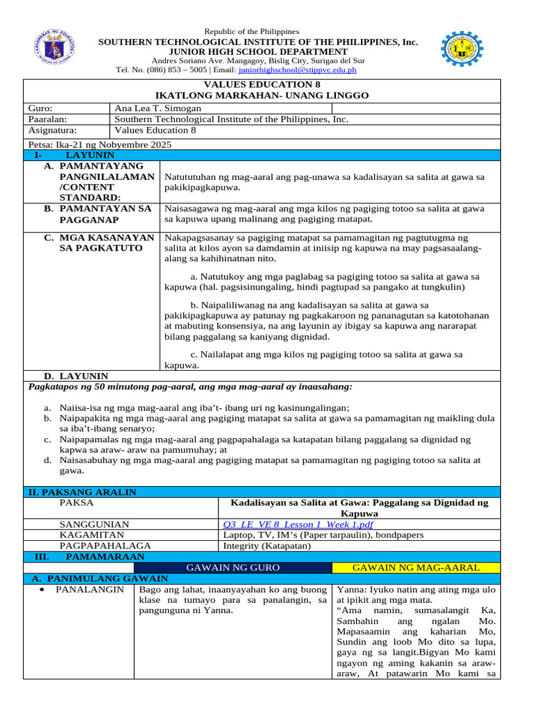 Detailed Lesson Plan in Valed 8 Final Demo | PDF
