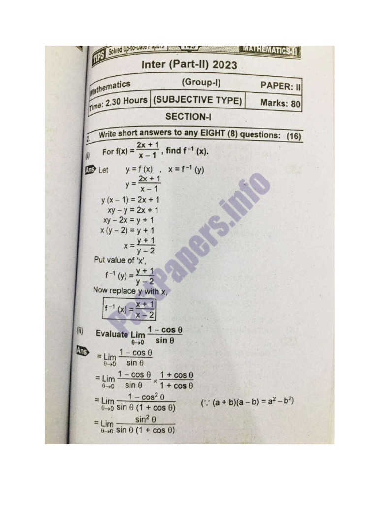 2nd Year Math Past Paper 2023 First Group Subjective | PDF