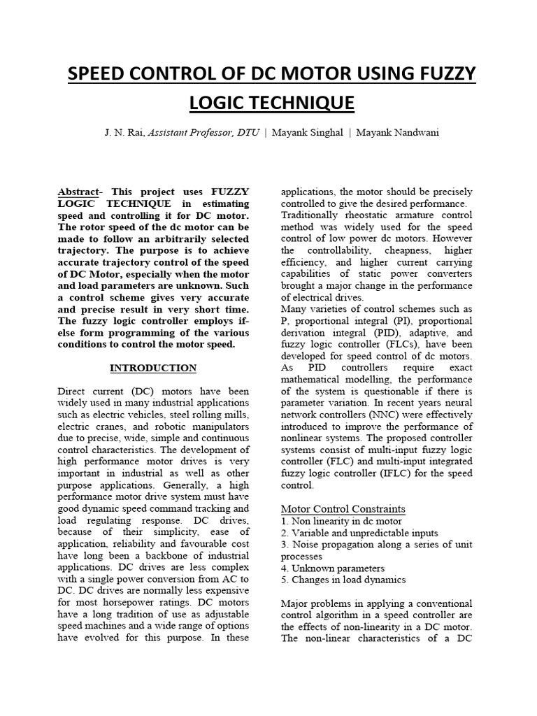 Speed Control of DC Motor Using Fuzzy Lo | PDF | Electric Motor ...