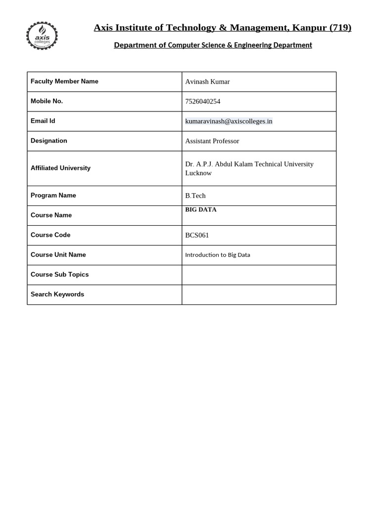 Big Data Unit 1 Notes BCS061 | PDF | Data | Big Data