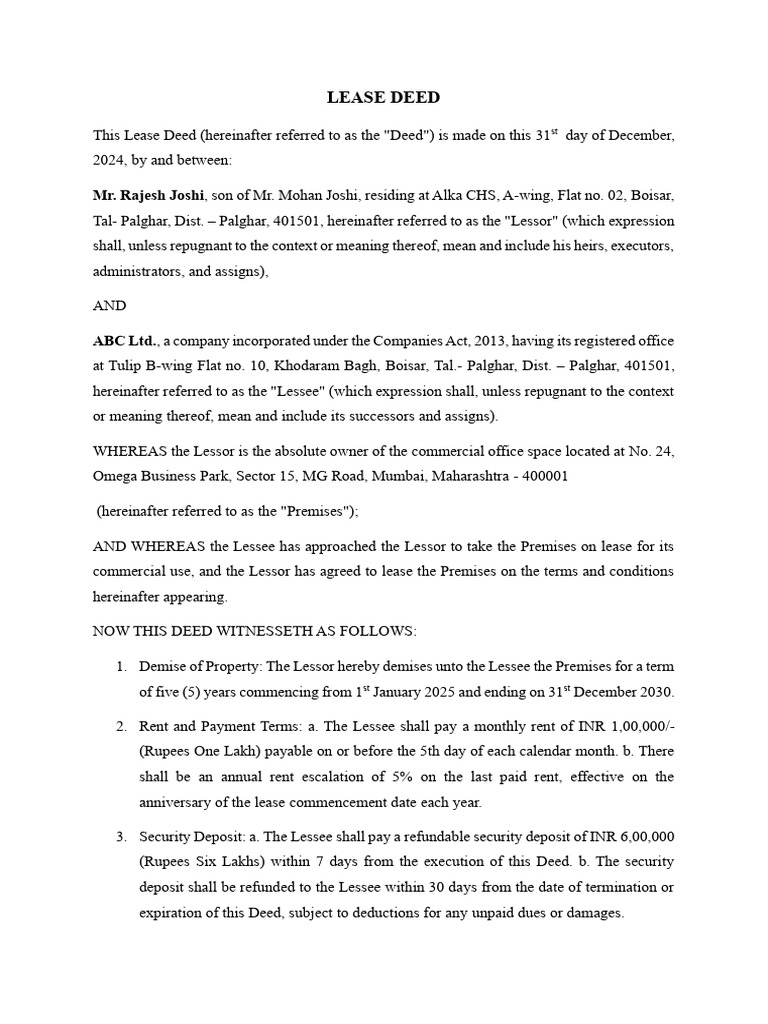 Lease Deed | PDF | Lease | Indemnity