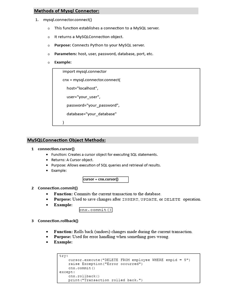 Methods of Mysql Connector | PDF | Sql | Database Transaction