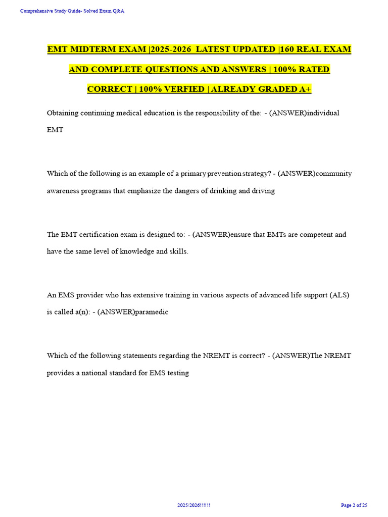 Stuvia 8750235 Emt Midterm Exam 2025 2026 Latest Updated 160 Real Exam ...