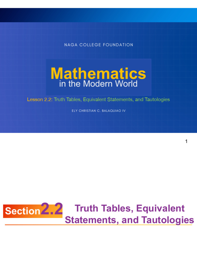 TruthTable,EquivalentStatements,andTautology | PDF | Syntax (Logic ...