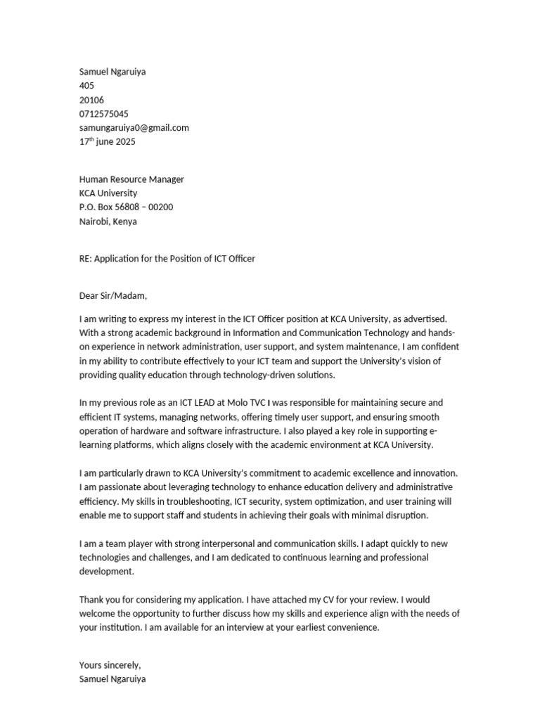 ICT Officer Cover Letter KCA University | PDF