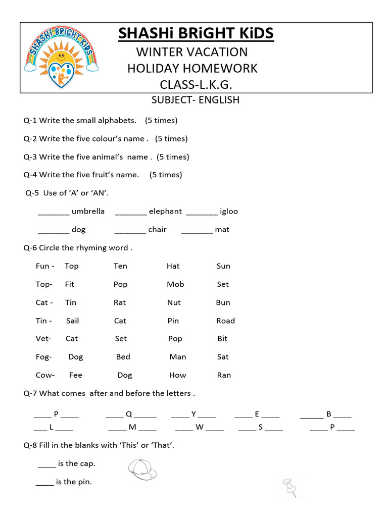 Winter Vacation Homework Class - L.K.G. | PDF