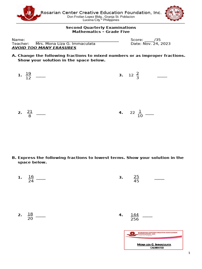 Q2-G5-exams | PDF | Arithmetic | Division (Mathematics)