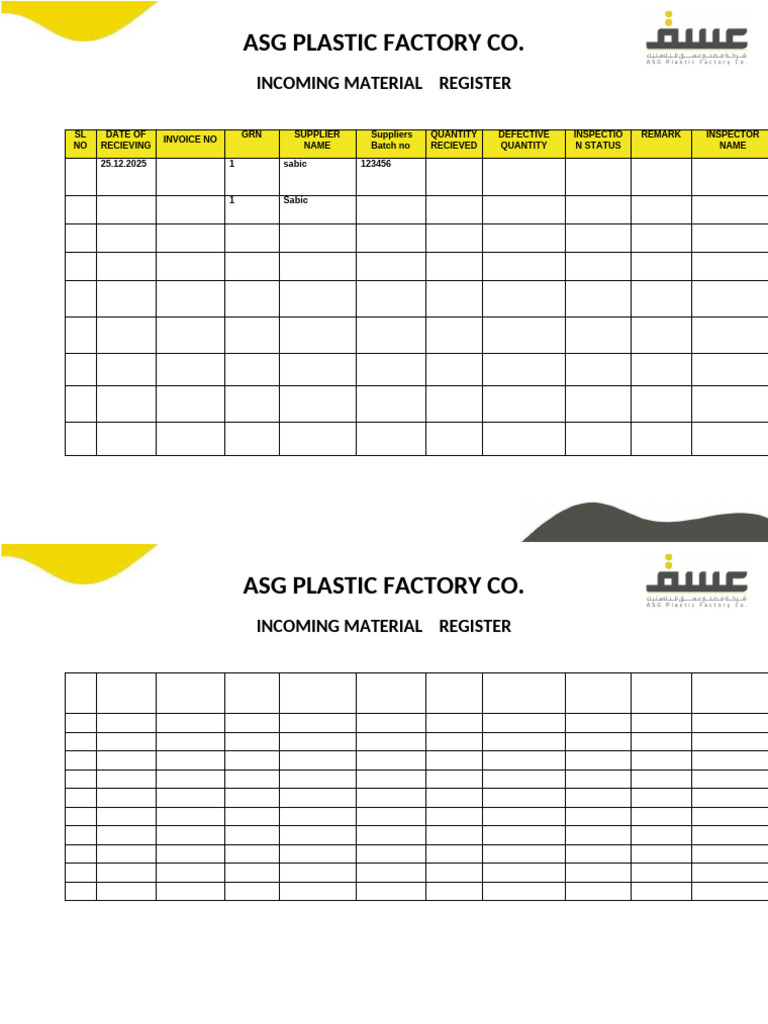 Incoming Material Register | PDF