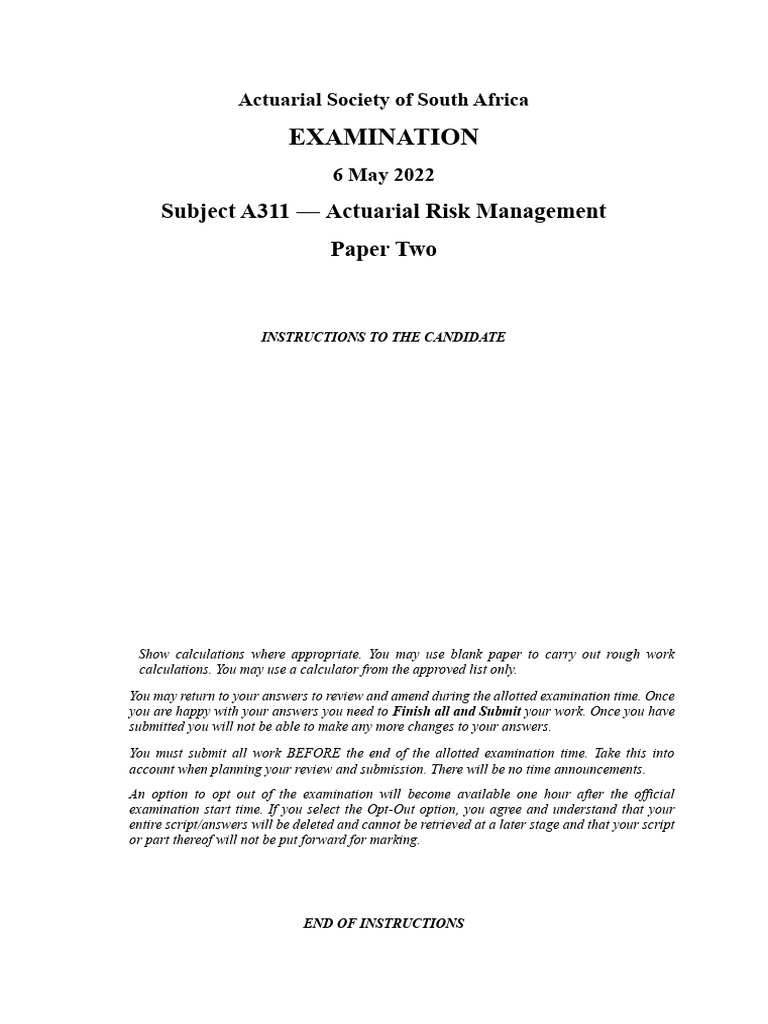 A311 June 2022 Paper 2 Exam 1 | PDF | Option (Finance) | Retirement