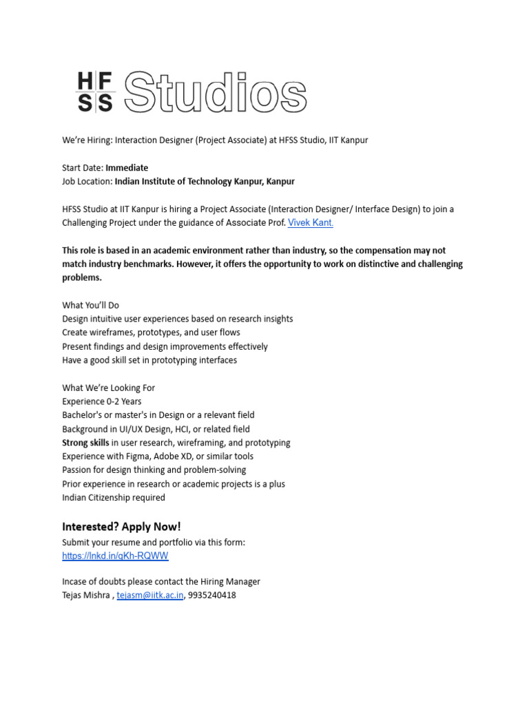 We’Re Hiring_ Interaction Designer (Project Associate) at HFSS Studio ...