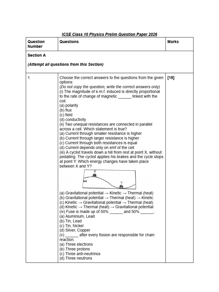 Icse Class 10 Physics Prelim Question Paper 2026 | PDF | Light | Force