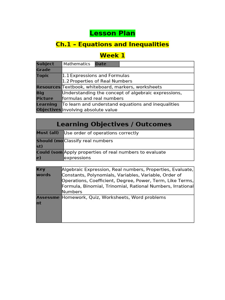 CH 1 - Week 1 - Lesson Plan | PDF | Real Number | Equations
