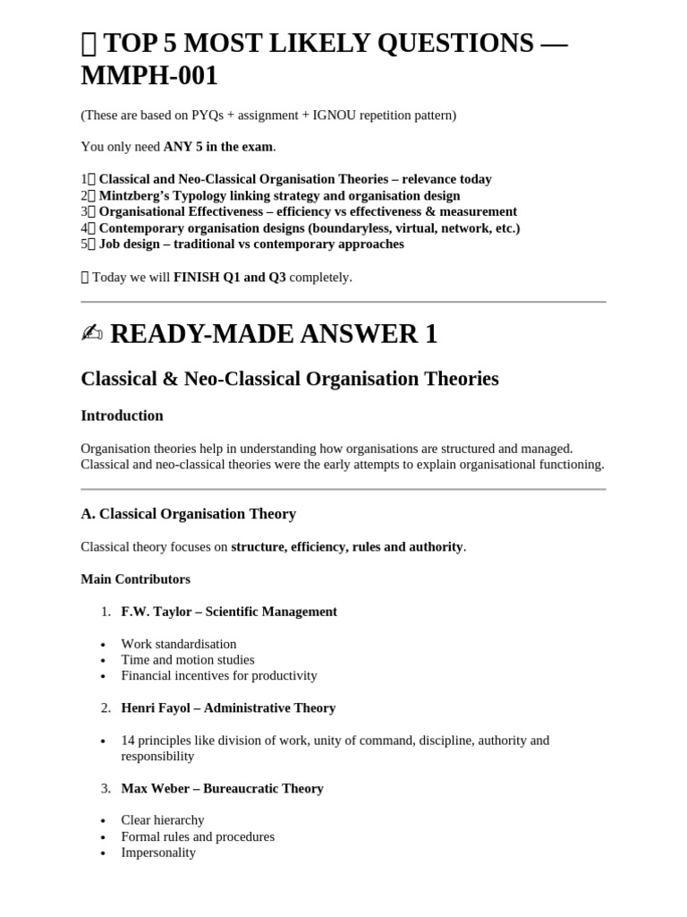 H1-Top 5 Most Likely Questions | PDF | Organizational Structure | Goal