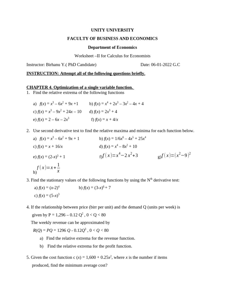 Worksheet - II For Calculus For Economists | PDF | Differential ...