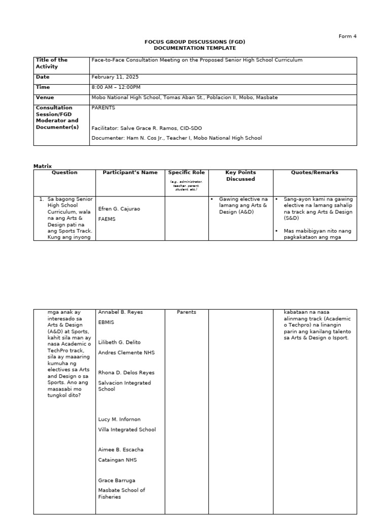 Form 4 Documentation Template For FGD Parents | PDF