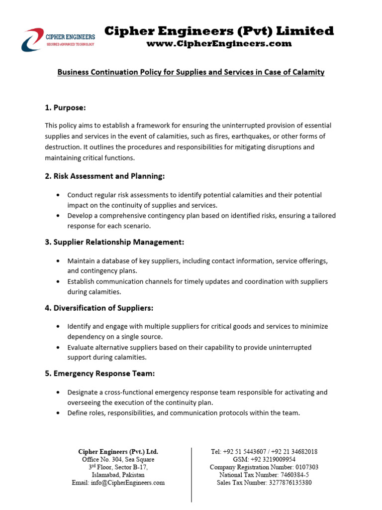 Business Continuation Policy | PDF | Risk Assessment | Policy