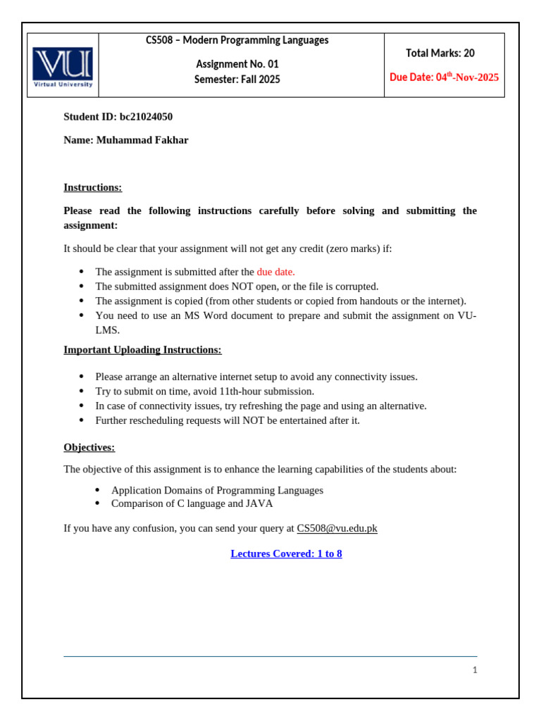Fall 2025_CS508_1-bac210424050 | PDF | Object Oriented Programming ...