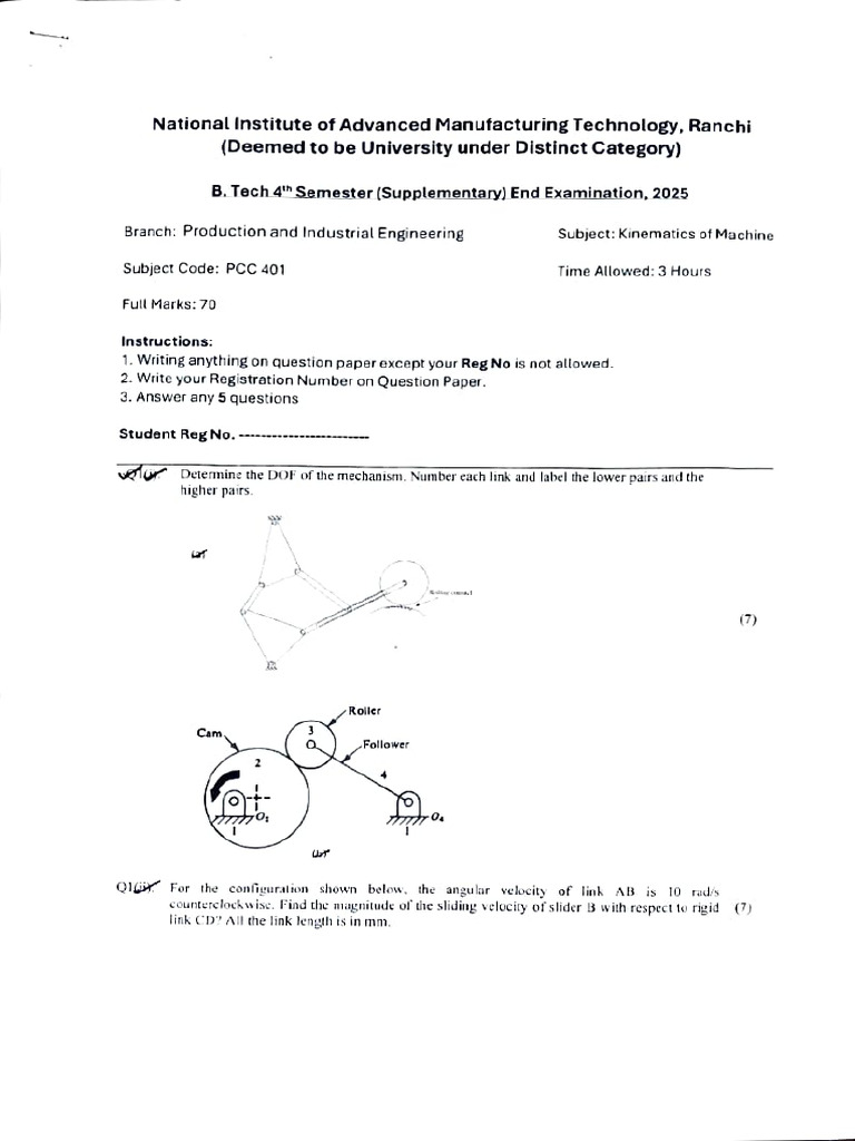 Kinematics of Machine Supplementary Exam Question Paper | PDF | Gear ...