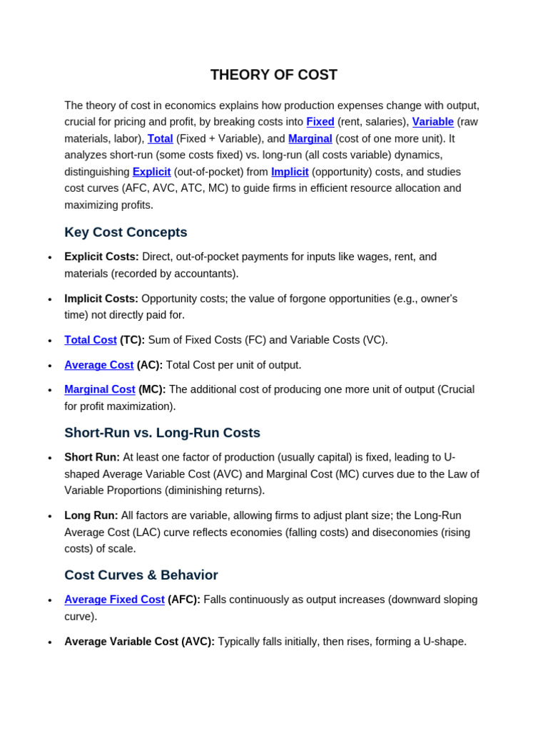 THEORY OF COST | PDF | Marginal Cost | Long Run And Short Run