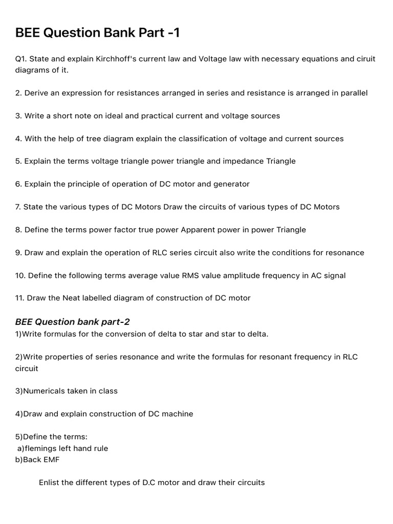 BEE Question Bank Part - 1 | PDF