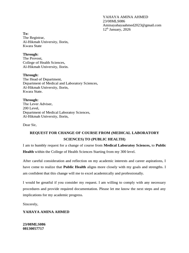 Yahaya Amina Change of Course Letter | PDF