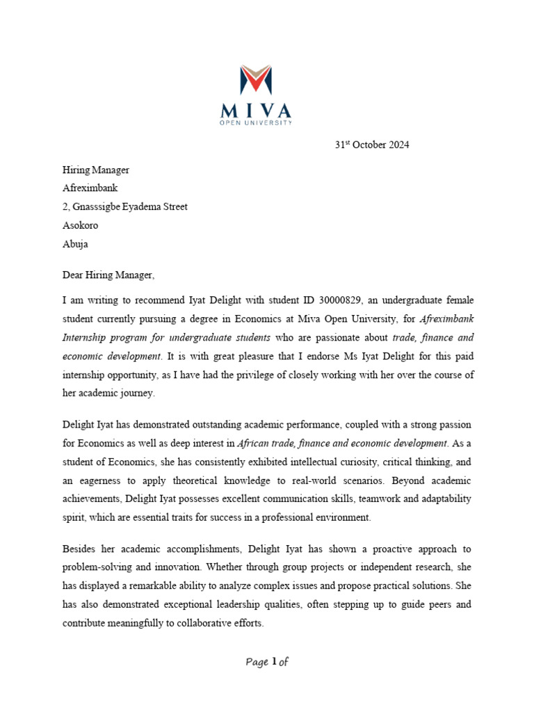 Recommendation Iyat Delight Afreximbank Internship | PDF | Psychology ...