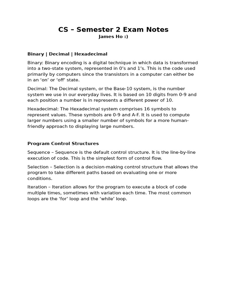 CS - Semester 2 Exam Notes | PDF | Control Flow | Data Type