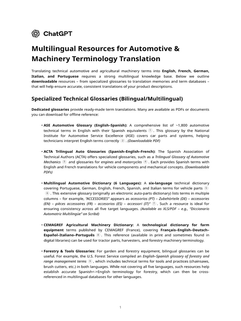 Multilingual Resources For Automotive & Machinery Terminology ...
