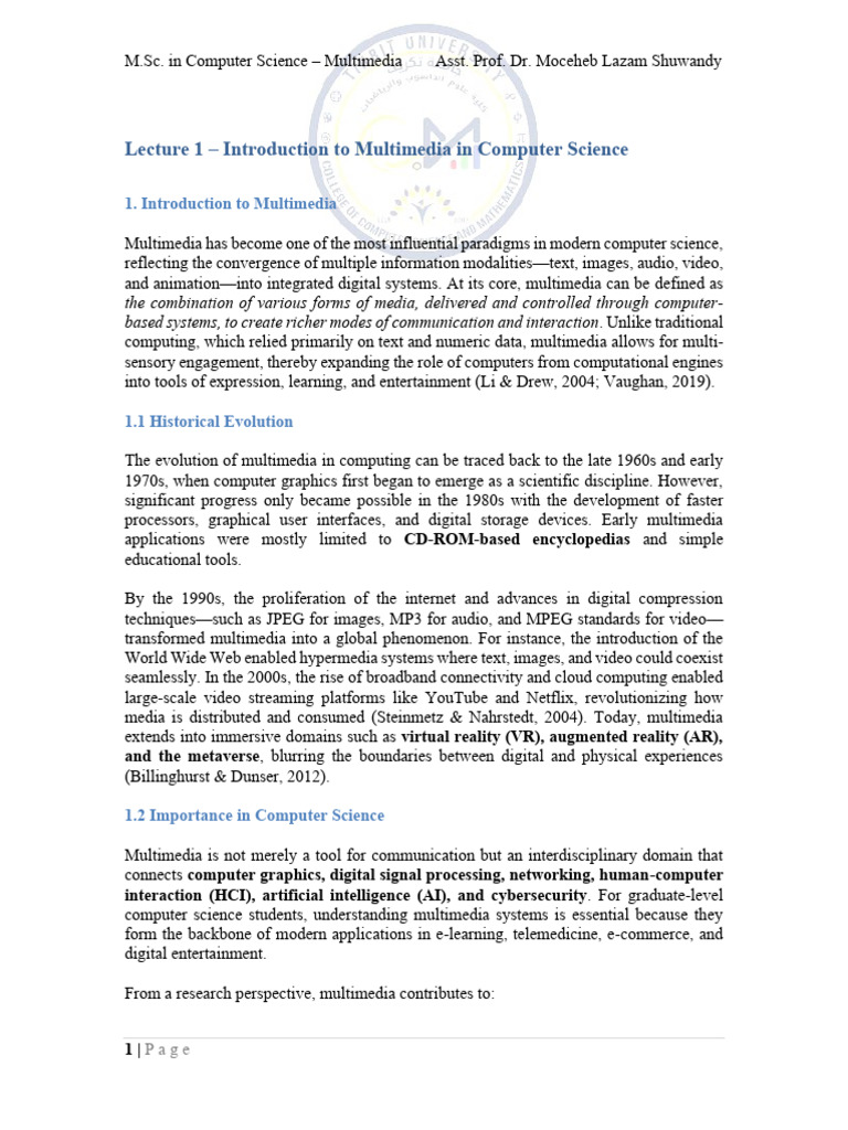 Lecture1 Introduction To Multimedia | PDF | Multimedia | Data Compression