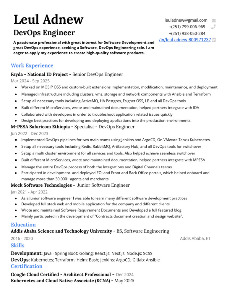 Leul Adnew Resume DevOps | PDF | Software | Computer Science