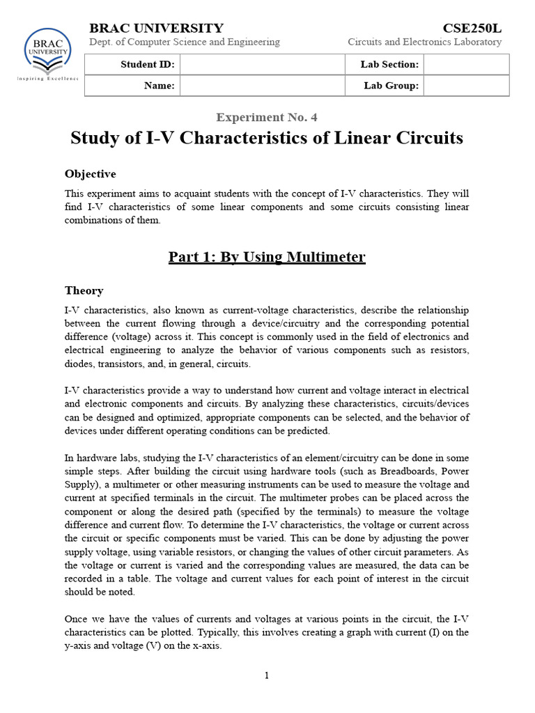 CSE250 Lab Exp 4 I-V Characteristics | PDF | Amplitude | Electrical Network