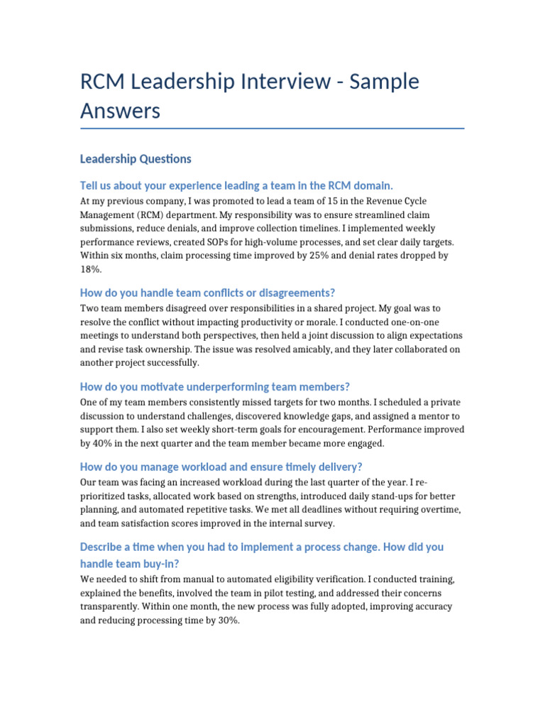 RCM Leadership Interview Answers | PDF | Business