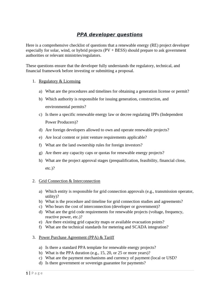 PPA Developer Questions | PDF | Electrical Grid | Electricity