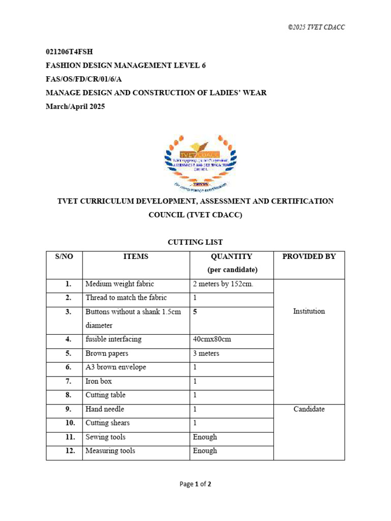 Cutting List Design and Construction of Ladies Wear Level 6 | PDF