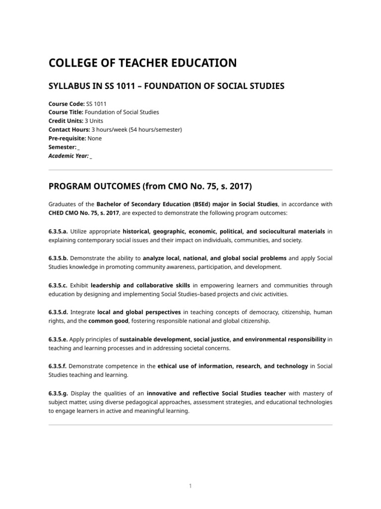 Ss 1011 Foundation of Social Studies Syllabus | PDF | Learning ...