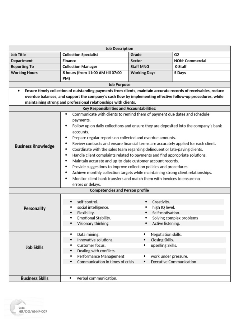 Job Description - Collection Specialist | PDF | Business | Communication