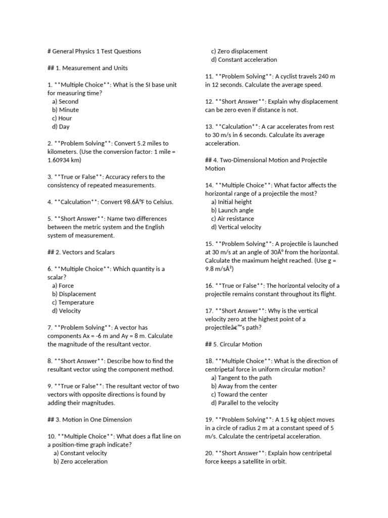 General Physics 1 Test Questions - Markdown | PDF | Acceleration | Velocity