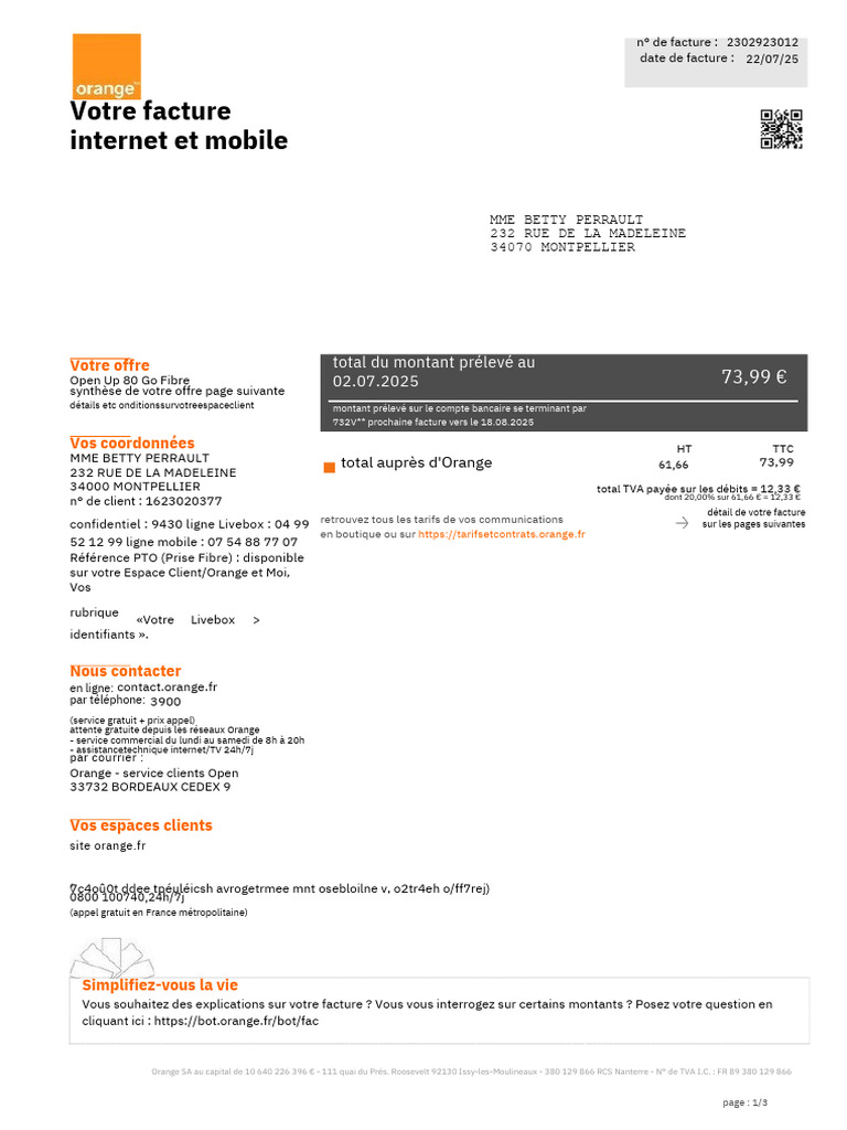 Facture Orange PDF | PDF | Facture | Télécommunications