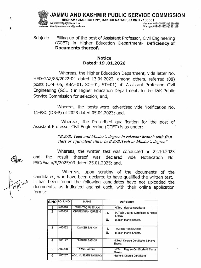 Deficiency Notice For The Post of Assistant Professor Civil Engineering ...