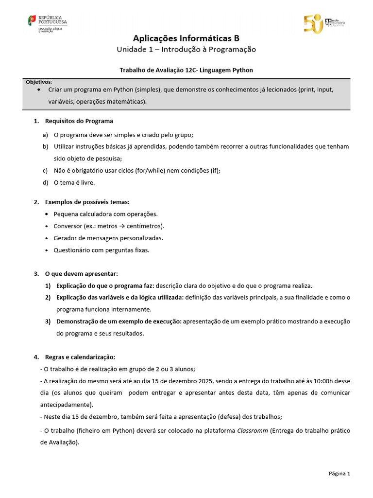 U1 - Trabalho Prático 12C | PDF | Python (linguagem de programação ...