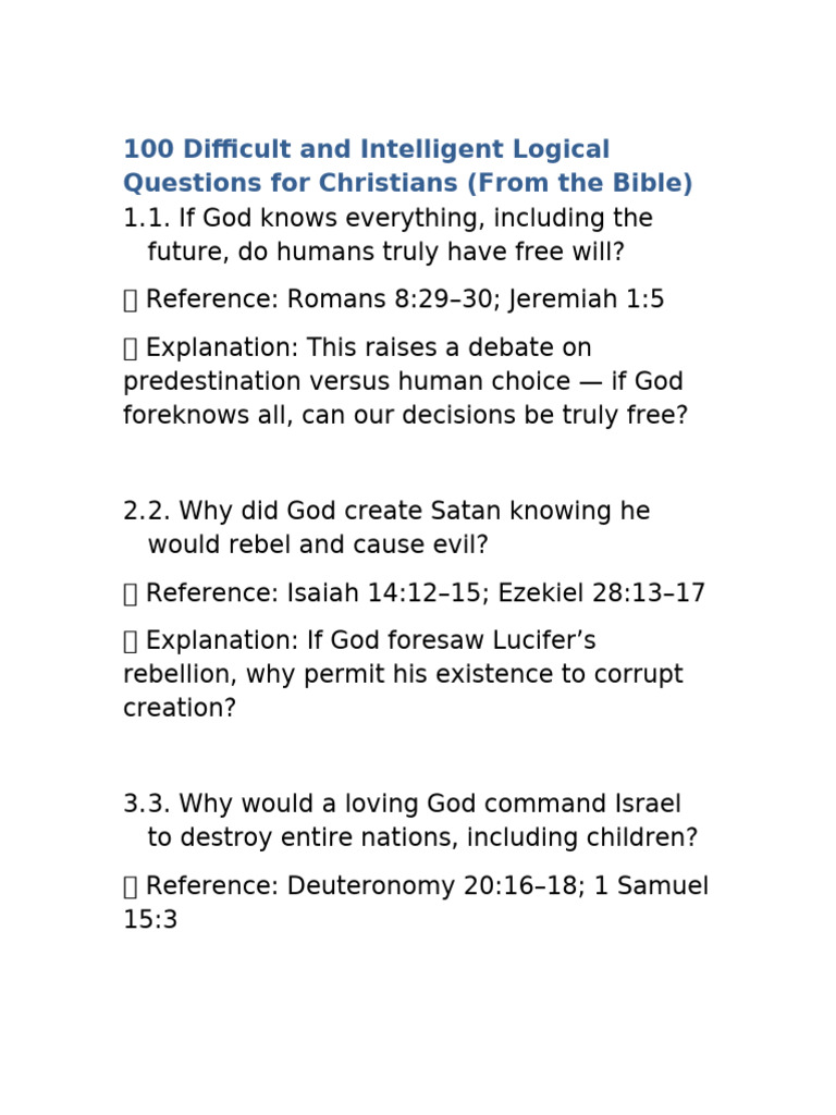 100 Difficult Intelligent Bible Questions With References | PDF | God ...