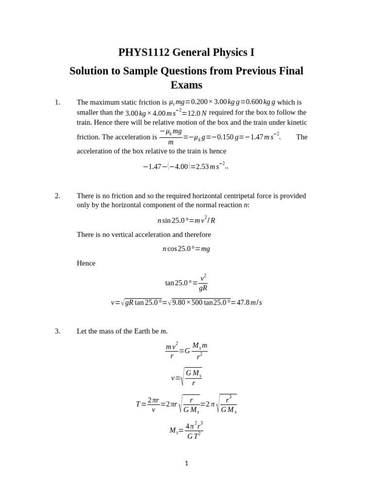 PHYS1112 Solutions To Final Sample Questions | PDF | Orbit | Force