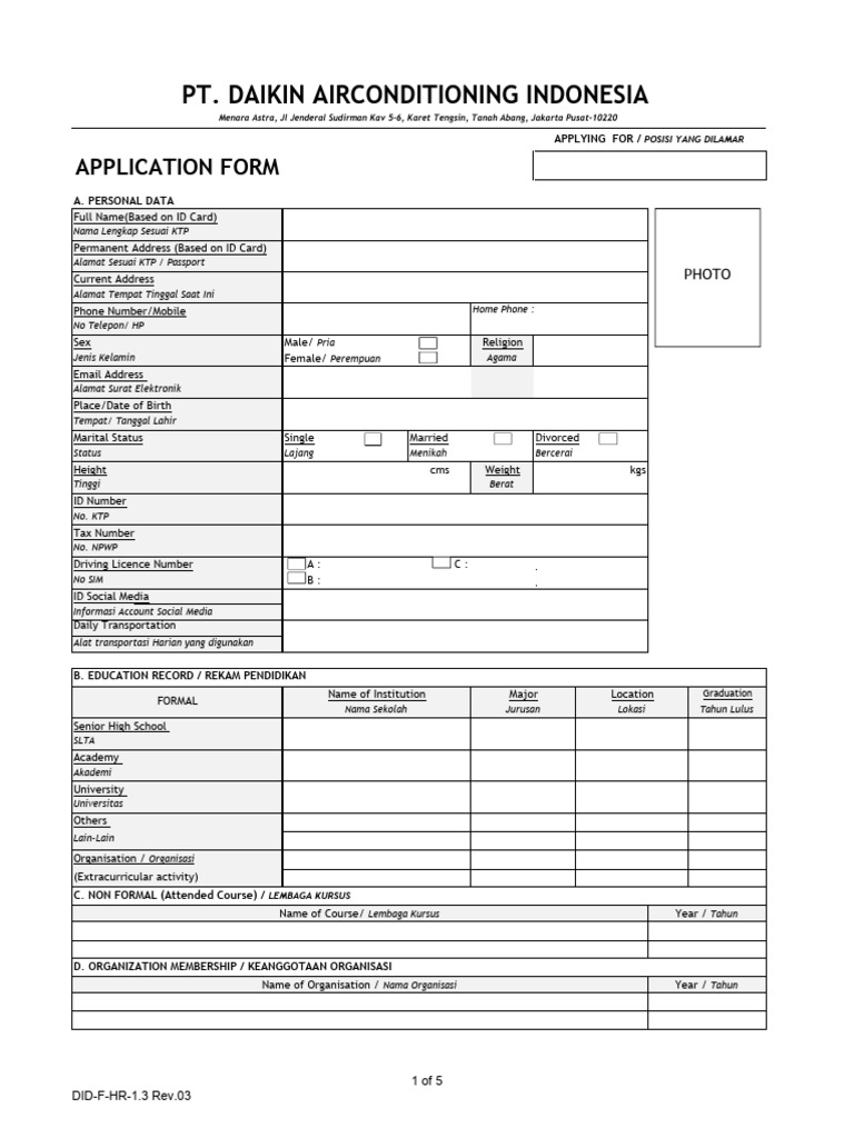 DID-F-HR-1.3 Rev. 03 Application Form (Form Aplikasi) | PDF