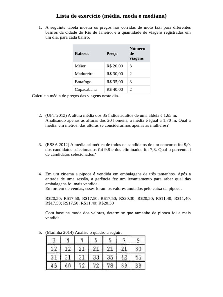 Lista de Exercícios Média, Moda e Mediana | PDF | Mediana (Estatística)